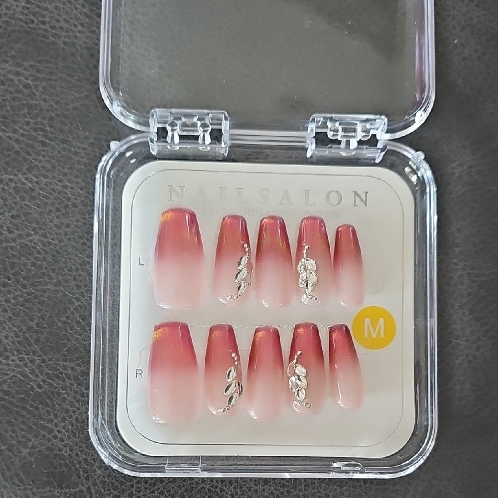Pink Ombre Press-On Nails with Silver Crystal Accents